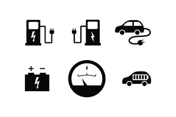 Electric Car Silhouette Icon Set Vector Collection of Black EV Symbols Isolated on White Background