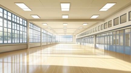 Sunlit, spacious school gymnasium with polished wooden floors, large windows, and light-colored walls.  Several doors line one side