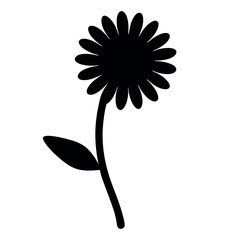 Single black silhouette of a flower with stem and leaf illustration