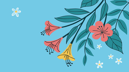 Vector art of Illustration of flowering branch with pink blossoms, green leaves, and a small yellow bird on a light blue background creating a serene and nature inspired design