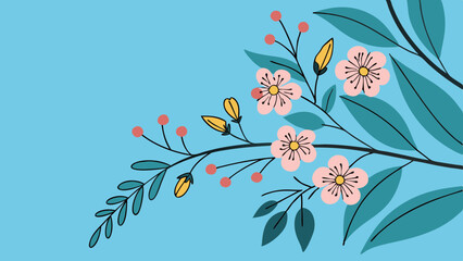 Vector art of Illustration of flowering branch with pink blossoms, green leaves, and a small yellow bird on a light blue background creating a serene and nature inspired design
