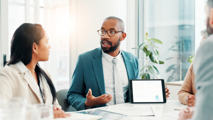 People, explain and tablet screen for finance meeting with budget review, financial stats and graphs. Speaker, digital and charts for proposal, pitch information and profit report for company revenue