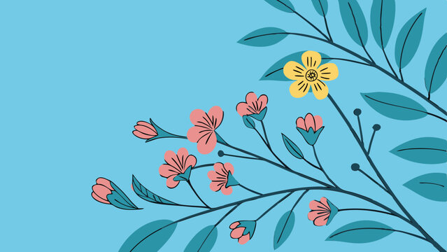 Vector art of Illustration of flowering branch with pink blossoms, green leaves, and a small yellow bird on a light blue background creating a serene and nature inspired design