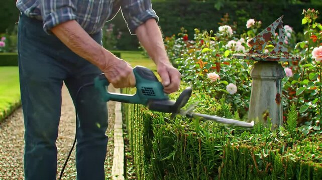 an elderly master gardener trimming a century-old yew hedge using a vintage-inspired modern electric trimmer