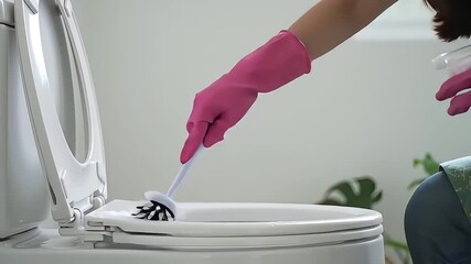 Person wearing pink gloves cleaning a toilet with a brush in a bright, modern bathroom setting