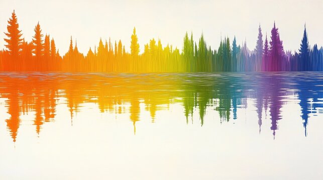 Rainbow forest reflected in calm water; vibrant, colorful, abstract landscape