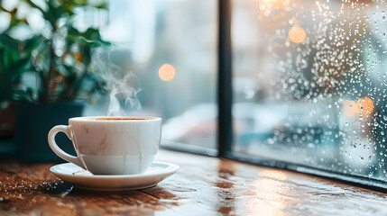 Obraz premium a cup of coffee with the rainy morning day
