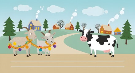 Naklejka premium Charming Winter Village Scene with Festive Goats and Cow Illustration