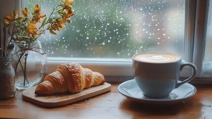 a cup of coffee with the rainy morning day