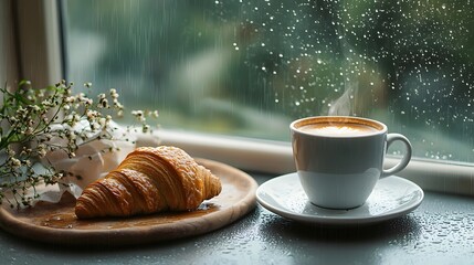 a cup of coffee with the rainy morning day