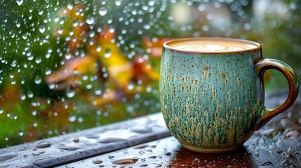 a cup of coffee with the rainy morning day