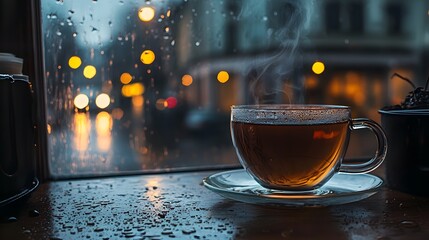 a cup of coffee with the rainy morning day