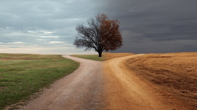 A split road leading to two different paths, one with green grass and trees on the right side of it, while the other path is covered in brown soil and dry tree.
