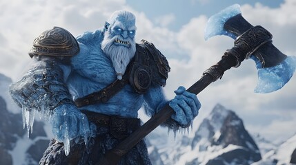 A frost giant with frost armor and icicles, holding a gigantic axe while standing over snowy mountain peaks