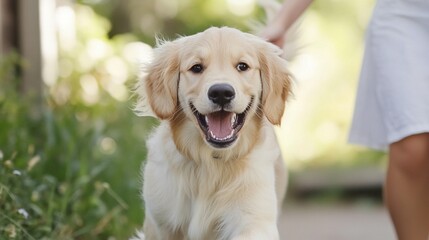 Happy golden retriever puppy on a walk.  A playful dog, outdoors