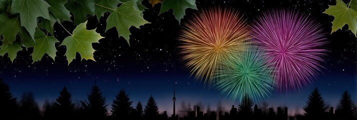 canada day celebration, celebratory web banner with colorful fireworks behind a forest silhouette canadian skyline, adorned with floating maple leaves