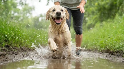 Happy golden retriever splashes through a muddy puddle, being walked by a person