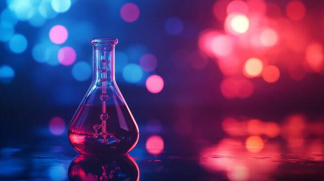Blue and red glass flasks with chemical structure overlay in scientific research laboratory setting, medical science technology background with molecular formulas and lab equipment elements

