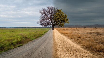 A split road leading to two different paths, one with green grass and trees on the right side of it, while the other path is covered in brown soil and dry tree.