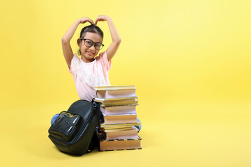 Asian Kids Happy Expression Love Sign with Book