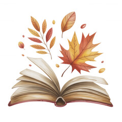 Watercolor Illustration of Open Book with Autumn Leaves