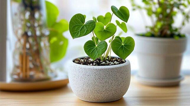 Heart-shaped leaves plant in a speckled white pot, surrounded by other plants, on a light brown wooden surface by a window
