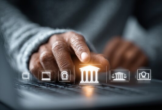 Digital government and E-governance concept. Person using laptop with icons e-governance, cybersecurity, AI, law, legal balance, government institutions, security infrastructure, online administration