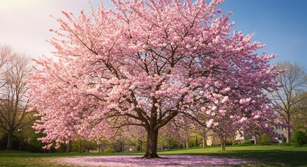 Fototapeta premium 満開桜木 春日和の光輝く (Mankai sakuragi haruhibino hikari kagayaku) Translation: Full bloom cherry tree, sunlight shining on a spring day.. AI Generated