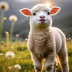 Fototapeta premium standing white lamb in flower-filled field, bright sunny day symbolizing eid ul adha qurbani animal, perfect for islamic festive livestock and rural celebration theme