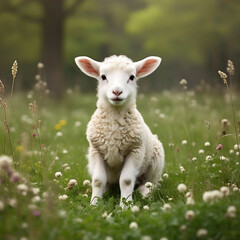 Obraz premium young white lamb standing alone in a field with soft golden sunset light, perfect for eid ul adha qurbani theme and islamic festival animal concept photography 