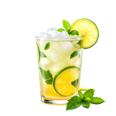 A refreshing mojito cocktail with lime slices and mint leaves on black background