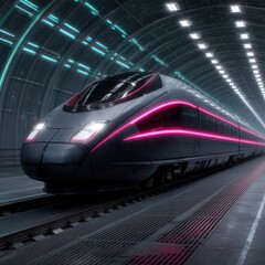 Fototapeta premium A sharp aerodynamic bullet train with a matte black carbon fiber body and glowing neon lines, racing through an undersea futuristic tunnel with neon pink and green light trails, HDR rendering, light