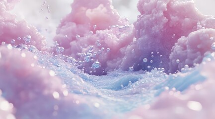 Pastel pink and blue foam swirls with translucent bubbles, creating a dreamy, ethereal landscape