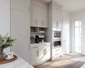 Fototapeta premium Modern kitchen interior featuring sleek cabinetry, coffee machine, and natural light from windows