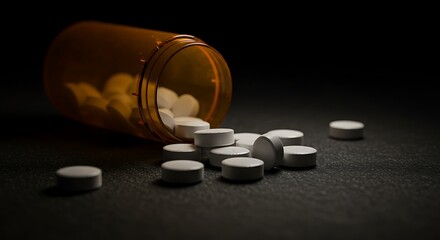 White Pills Spilled from Amber Prescription Bottle on Dark Surface