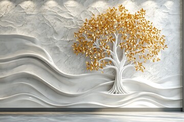 Intricate Gold Tree with Flowing Wave Patterns in Serene Fantasy Landscape &ndash; Photorealistic 8K Digital Art with Volumetric Fog and Radiant Gold Foliage

