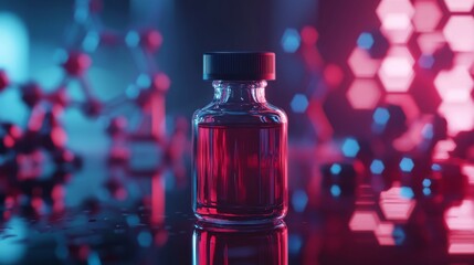 Blue and red glass flasks with chemical structure overlay in scientific research laboratory setting, medical science technology background with molecular formulas and lab equipment elements
