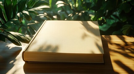 A thick, cream-colored book rests on a wooden surface, bathed in sunlight filtering through lush green foliage, casting dappled shadows