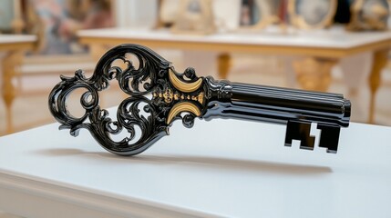 Ornate, black key with gold accents, resting on a white table in a gallery setting