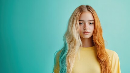 Fototapeta premium Vibrant multicolored hair on young woman in yellow shirt against turquoise background