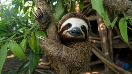Fototapeta premium Sleepy sloth clinging to a tree branch in a lush jungle environment