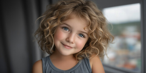 Fototapeta premium Adorable Curly Haired Girl: A charming portrait of a toddler girl with adorable curly blonde hair and captivating blue eyes. Her sweet smile and innocent gaze capture the essence of childhood joy.