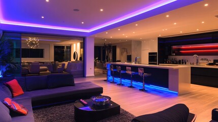 Sleek Open-Concept Living Space with Modern Kitchen and Ambient LED Lighting Design