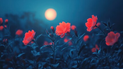 Dreamlike Floral Nocturne: Crimson Blooms Under a Pale Moonlight Serenity