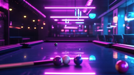Vibrant neon hues illuminate a captivating billiards game in a stylish room