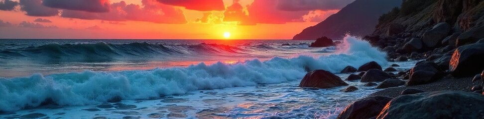 Obraz premium Dramatic sunrise paints the rough sea with vibrant oranges and fiery reds Waves crash against the rocky shore, creating a breathtaking spectacle of nature's power and beauty , rough water, coastal