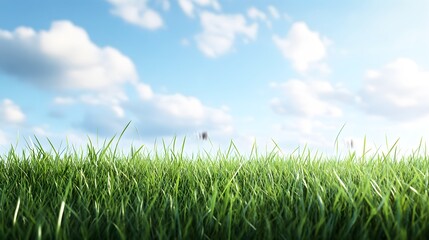 Close-up view of a field of healthy, vibrant green grass.  The background shows a clear blue sky with scattered, fluffy white clouds. The image focuses on the texture and detail of the grass blades.