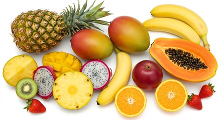 鮮やか色彩 熱帯フルーツ盛り合わせ 爽やか光で輝く. AI Generated