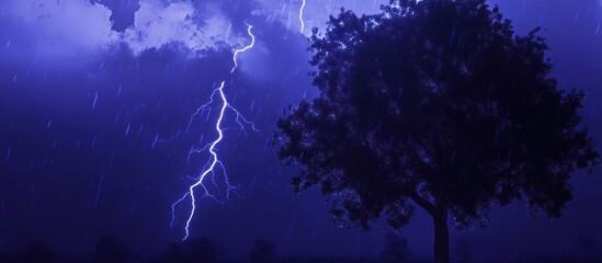 Electrifying storm display: A solitary tree silhouetted against a lightning-streaked sky