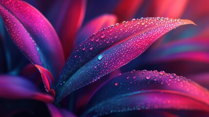 Luminous botanical elegance: iridescent leaves adorned with glistening droplets